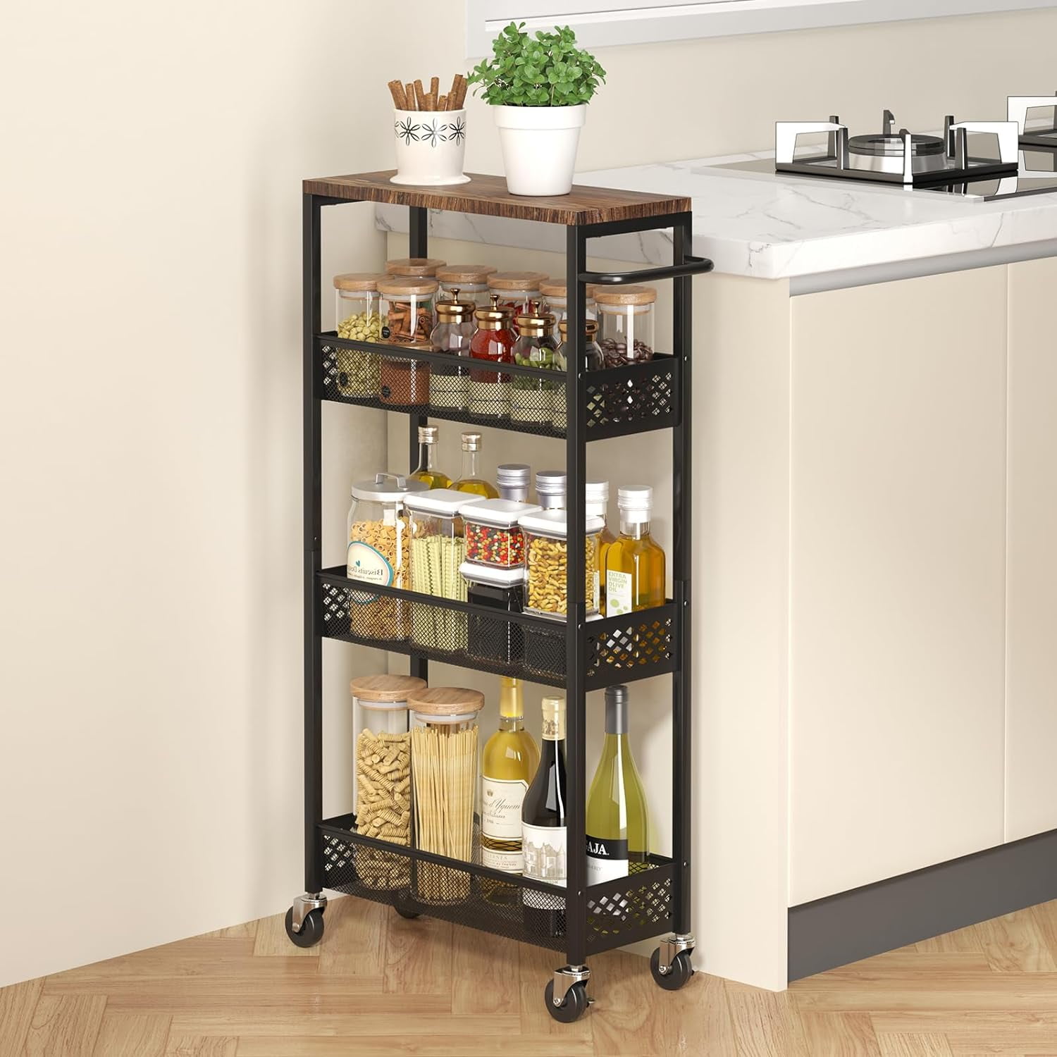 Slim Storage Cart 4 Tier Narrow Kitchen Rolling Cart on Wheels for ...