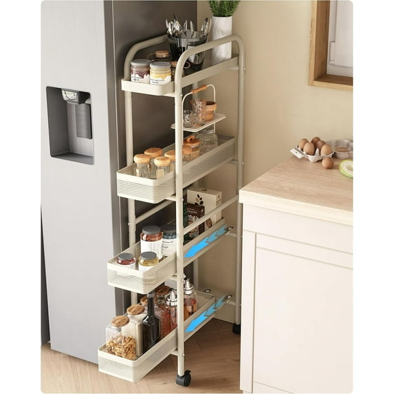 Slim Storage Cart 4 Tier with Pull Out Basket Bathroom Organizer Rolling cart, Rolling Utility Cart Slide Out Organizer for Kitchen, Bathroom, Laundry White