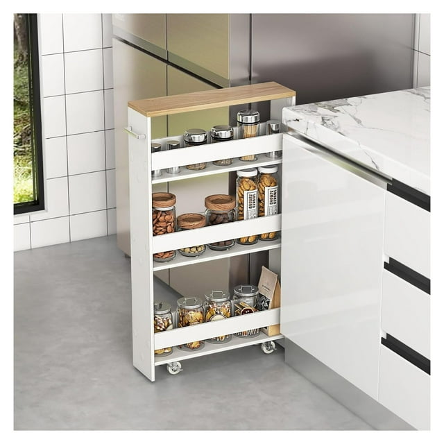 Slim Storage Cart, 4Tier Rolling Cart with Handle, Laundry Cart Between Washer and Dryer, Wood