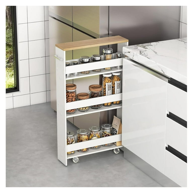 Slim Storage Cart 4 Tier Rolling Cart with Handle Laundry Cart between Washer and Dryer Wood Spice Rack next to Fridge Narrow Shelving Unit for