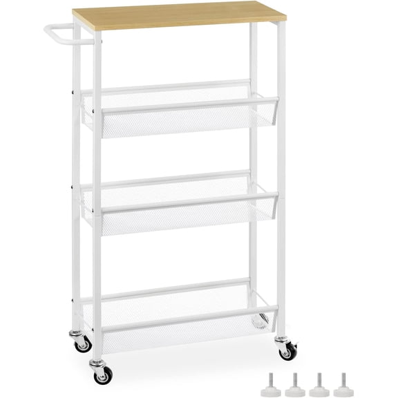 Slim Storage Cart, 4 Tier Rolling Kitchen Shelving Unit on Wheels Mobile Narrow Cart with Wooden Tabletop for Bathroom, Laundry Narrow Places, 16.6''x 7.3''x 31.1''inch - White