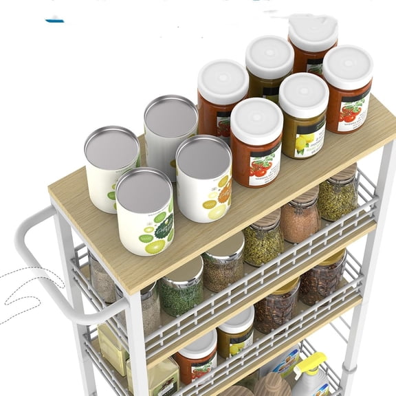 Slim Storage Cart 4-Tier Rolling Kitchen Utility Cart White Narrow Laundry Storage Cart on Wheels and Wood Table Top Mobile Shelving Unit Organizer Trolley for Bathroom Small Space 7.3" W