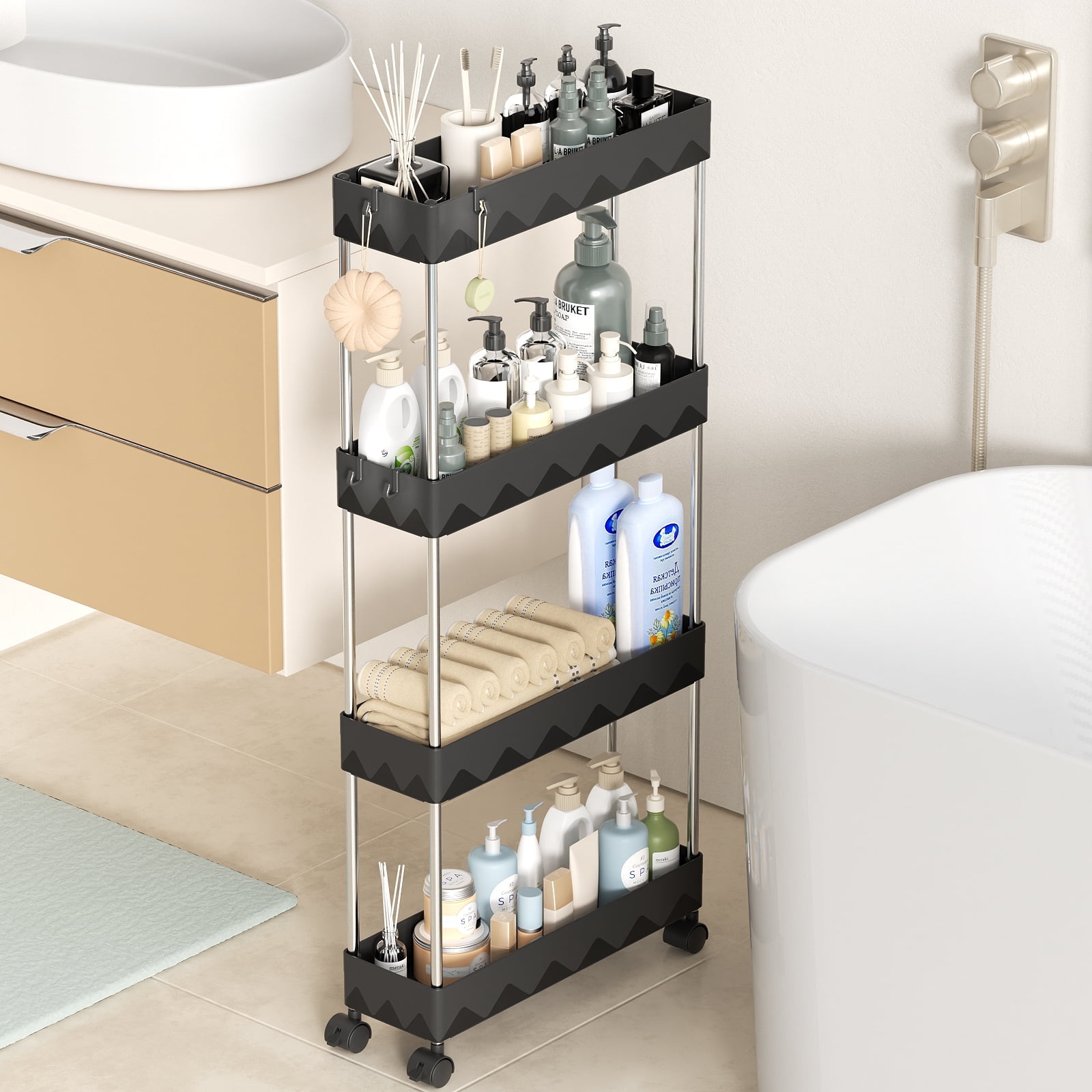 Slim Storage Cart 4 Tier Slim Cart, Bathroom Rolling Utility Cart Storage Organizer Slide Out Cart, Mobile Shelving Unit Organizer Trolley for Office Bathroom Kitchen Laundry Narrow Places, Black - Walmart.com