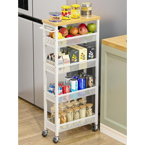 Slim Storage Cart 5 Tier Narrow Kitchen Rolling Cart on Wheels for Small Space, Metal Utility Cart Narrow Bathroom Storage Cabinet Mobile Shelf Unit Organizer with Wood Top and Handle, White