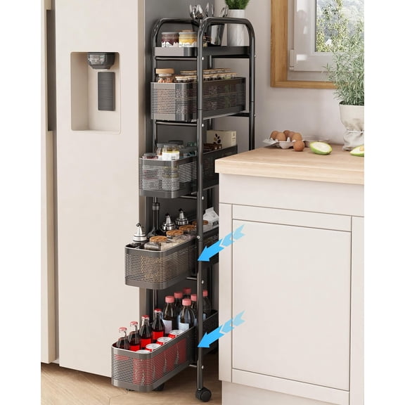 Slim Storage Cart 5 Tier with Pull Out Basket Bathroom Organizer Rolling cart, Rolling Utility Cart Slide Out Organizer for Kitchen, Bathroom, Laundry Black