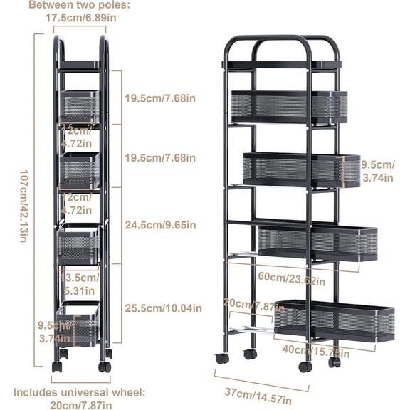 Slim Storage Cart 5 Tier with Pull Out Basket Bathroom Organizer Rolling cart, Rolling Utility Cart Slide Out Organizer for Kitchen, Bathroom, Laundry Black
