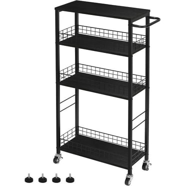 Slim Storage Cart Kitchen Rolling Utility Cart on Wheels 4 Tier Mobile Narrow Cart with Wood and Metal Handle Slide Out Storage Shelving Unit Cart for Kitchen Living Room Small Places Black