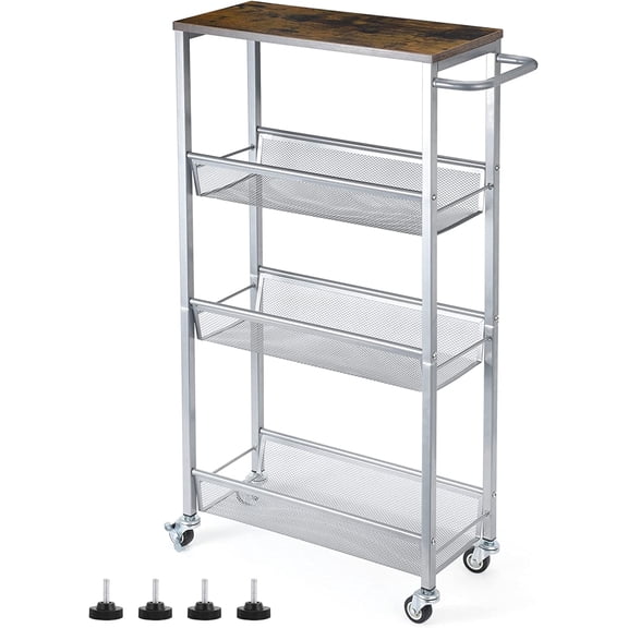 Slim Storage Cart, Metal Narrow Rolling Storage Cart for Kitchen, Silver