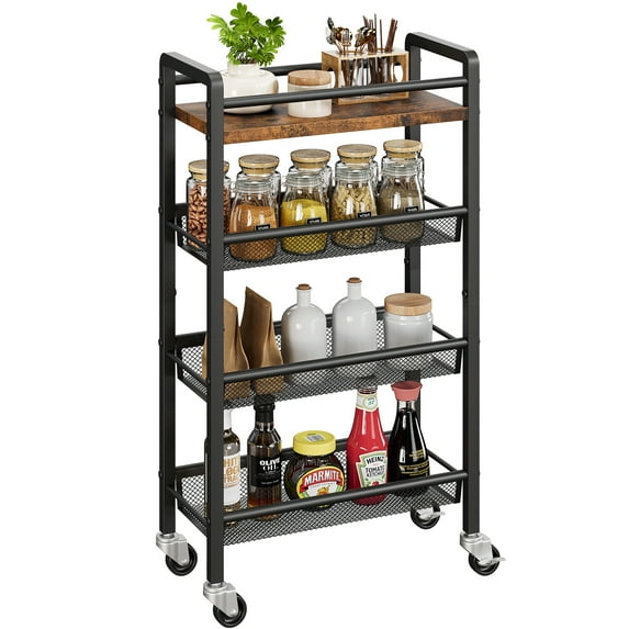 Slim Storage Cart, Narrow Rolling Cart, 4 Tier Kitchen Rolling Cart with Handle and Lockable Casters, Metal Rolling Cart for Small Spaces, Bathroom, Laundry Room, Rustic Brown