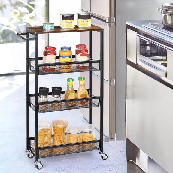 Slim Storage Cart, Rolling Kitchen Shelving Unit on Wheels Mobile Narrow Cart with Wooden Tabletop for Bathroom, Laundry Narrow Places