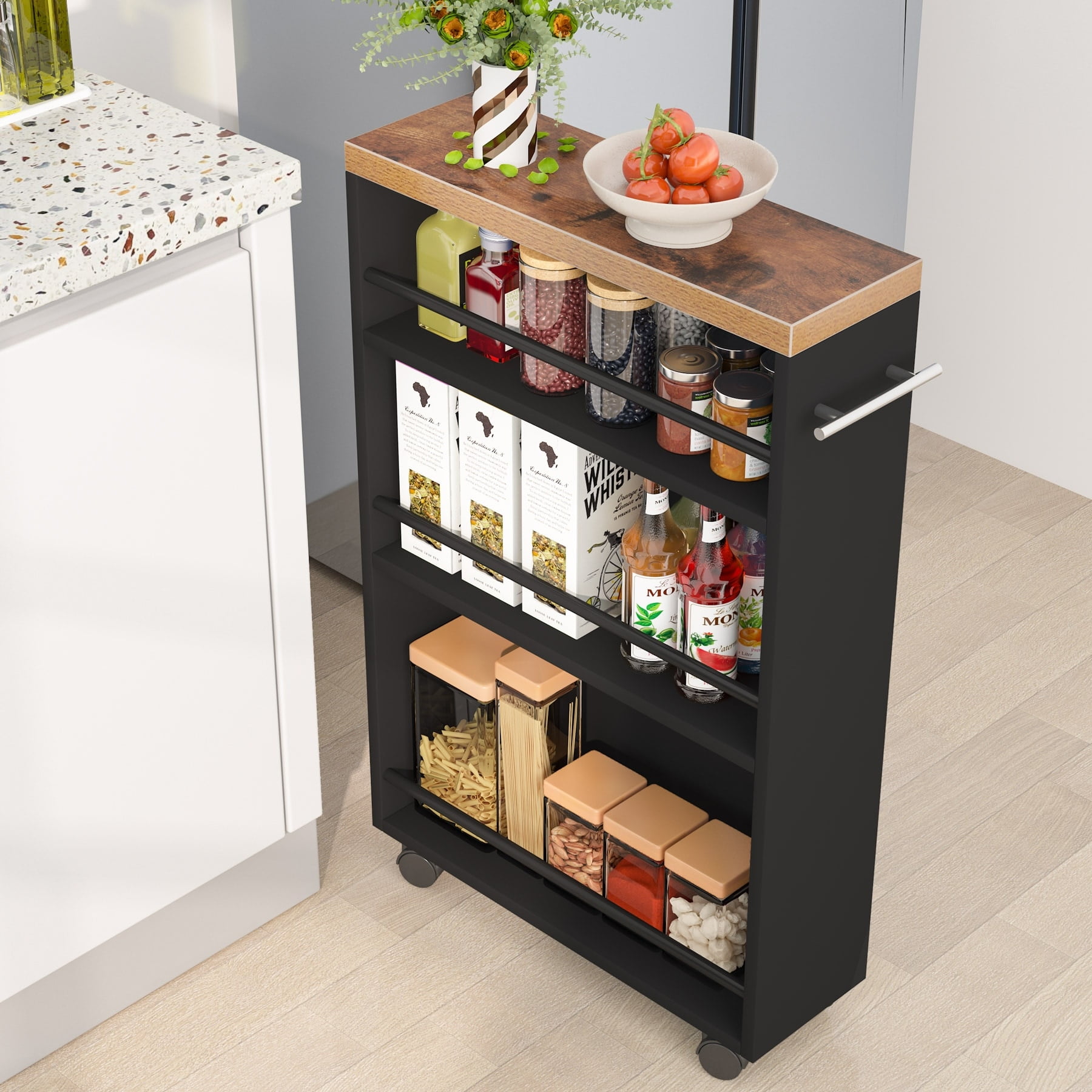 Bed Bath Beyond Rolling Slim Kitchen Storage Cart on Wheels Black Rustic Walmart