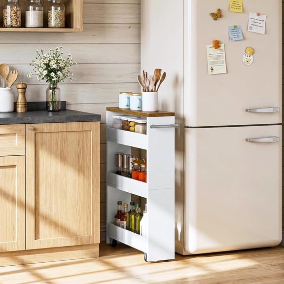 Slim Storage Cart, Slim Storage Rack on Wheels, Rolling Trolley with Handle, Storage Organizer, for Kitchen, Dining Room, Living Room, Laundry Room, White and Walnut MTC01WL