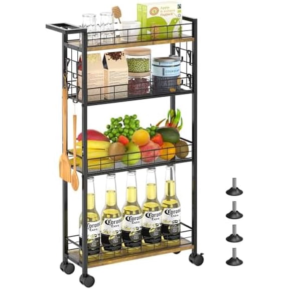 Slim Storage Cart with Wheels, 4 Tier Mobile Narrow Shelving Unit Organizer Utility Cart with Handle, Skinny Rolling Trolley for Small Space Kitchen Bathroom Laundry, Black and Rustic Brown