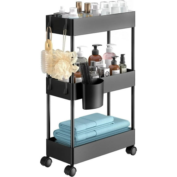 Slim Storage Cart with Wheels, Bathroom Cart Organizer Bathroom Storage Small, Rolling Cart for Bathroom, Laundry Room, Kitchen, Narrow Space, Black PIUC04