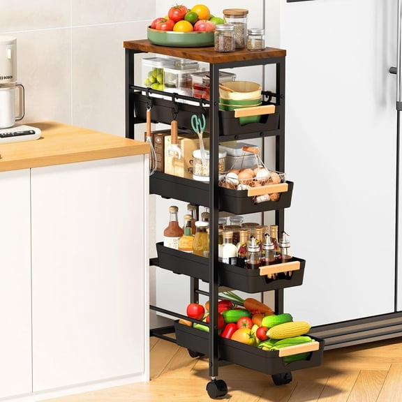 Slim Storage Cart with Wheels, Narrow Kitchen Rolling Cart, Black | 5-Tier Skinny Rolling Cart with Wooden Top & Lockable Wheels, Storage Organizer for Bathroom, Laundry Room, Narrow Space