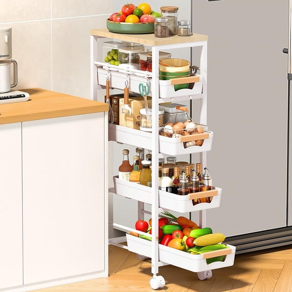 Slim Storage Cart with Wheels, Narrow Kitchen Rolling Cart, White