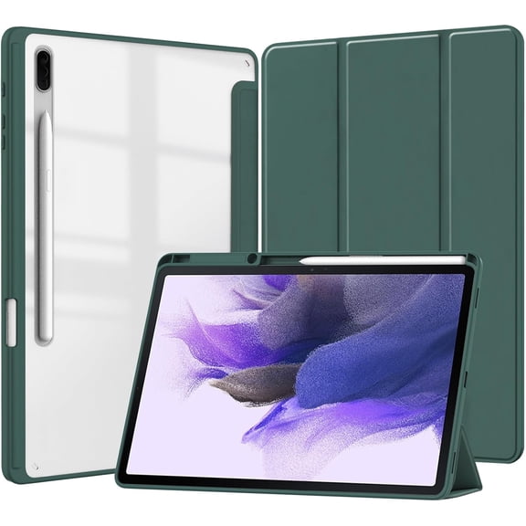 Slim Tablet Case for Samsung Galaxy Tab S7 FE 2021/S7 Plus 2020 12.4 Inch with Transparent Back Shell, Shockproof Clear Tri-Fold Protective Cover with S Pen Holder, Auto Wake/Sleep (Green)