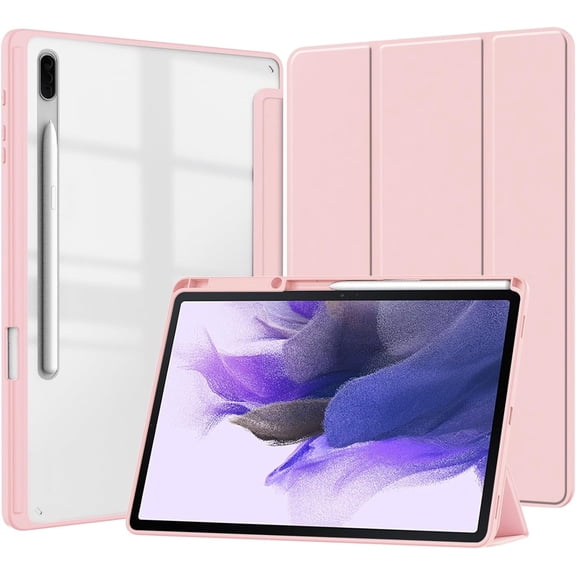 Slim Tablet Case for Samsung Galaxy Tab S7 FE 2021/S7 Plus 2020 12.4 Inch with Transparent Back Shell, Shockproof Clear Tri-Fold Protective Cover with S Pen Holder, Auto Wake/Sleep (Pink)