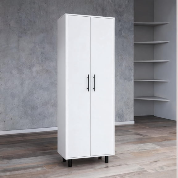 Slim Tall 2-Door 5-Shelf Kitchen Pantry Cabinet, Crisp White MDF with Metal Accents