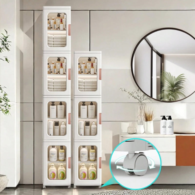 Slim Tall Bathroom Storage Cabinet - 4-Tier Narrow Organizer With Doors And Wheels, White