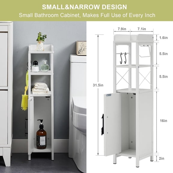 Slim Toilet Paper Holder, Small Cabinet with Door & 2 Shelves Fenced Top, Bathroom Narrow Storage Organizer for Restroom Bathroom Tiny Space, White