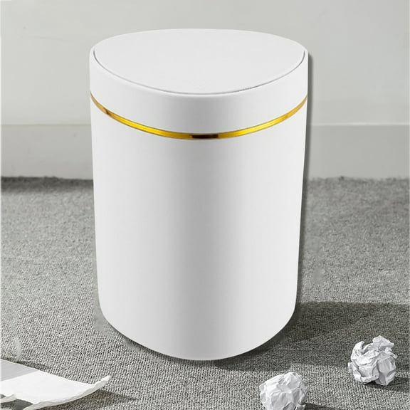 Slim Trash Can with Lid Elegant Gold Trim Waste Bin for Bathroom Bedroom Kitchen office Modern Compact Garbage Container with Easy Clean Design Odor Resistant Waste Basket for Home and RV Use