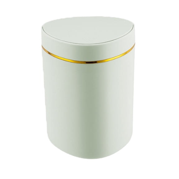Slim Trash Can with Lid Elegant Gold Trim Waste Bin for Bathroom Bedroom Kitchen office Modern Compact Garbage Container with Easy Clean Design Odor Resistant Waste Basket for Home and RV Use
