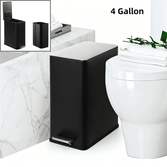 Slim Trash Can with Removable Inner Bucket, 4 Gallon Stainless Steel Garbage Bin for Kitchen, Bathroom, Office, Living Room, Black