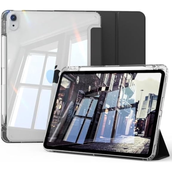 Slim Trifold Smart Case with Pencil Holder, Clear Transparent Shockproof Back Shell & Auto Sleep Wake for iPad 11th Gen A16 11 Inch / iPad 10th Gen 10.9 Inch Protective Tablet Cover,Black
