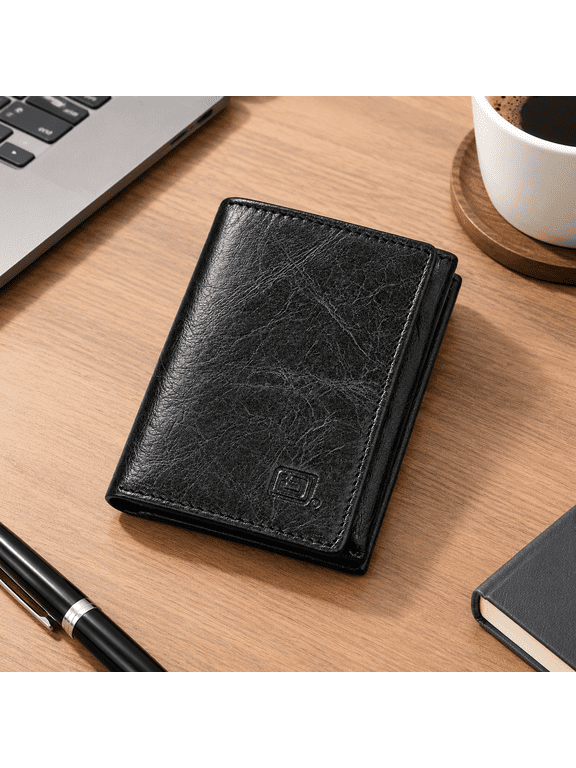 Slim Trifold Wallet for Men, Genuine Leather Black, RFID Shielding