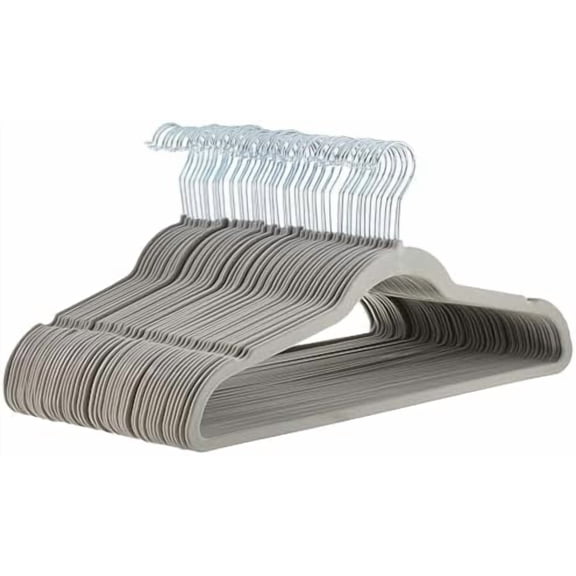 Slim, Velvet, Non-Slip Suit Clothes Hangers, Gray/Silver - Pack of 50
