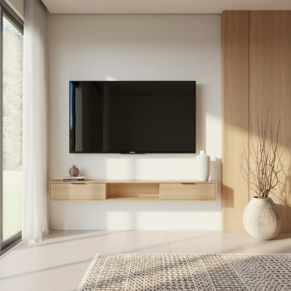 Nexera Slim Wall-Mounted Tv Stand Fits Tv's up to 72" with 2 Storage Cabinets, Natural Blonde Oak