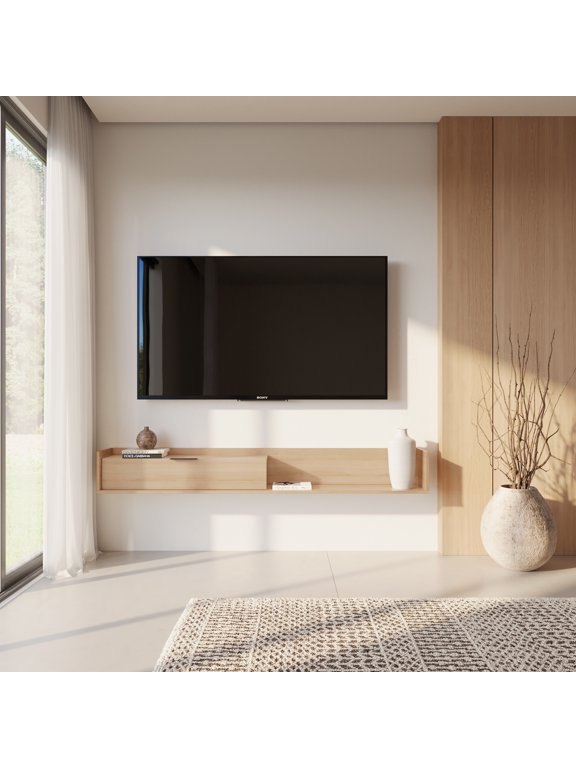 Slim Wall-Mounted Tv Stand Fits Tv's up to 72" with Storage Cabinet, Natural Blonde Oak