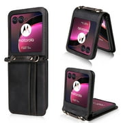 Slim Wallet Case for Motorola Razr 40 Ultra, Adjustable Crossbody Strap Premium PU Leather + Hard PC Folding Cover with Card Holder Slots for Motorola Razr 40 Ultra 6.9 Inch, Black