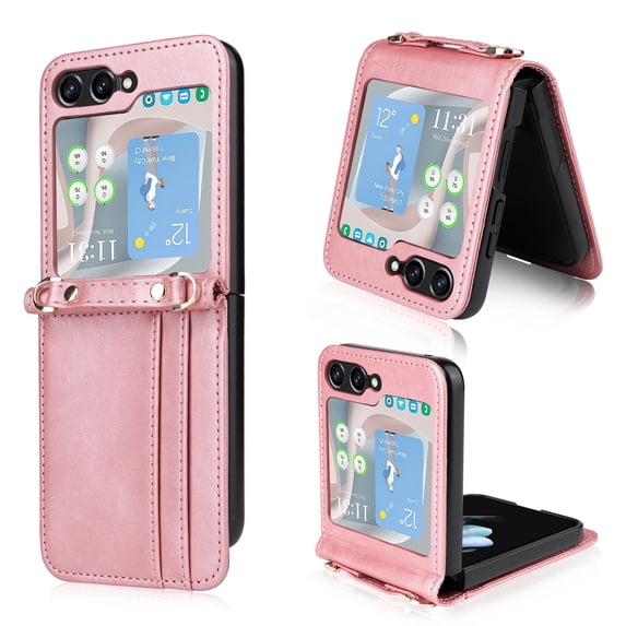 Slim Wallet Case for Samsung Galaxy Z Flip 5 (2023), Adjustable Crossbody Strap Premium PU Leather + Hard PC Folding Cover with Card Holder Slots for Samsung Galaxy Z Flip 5 5G, Pink