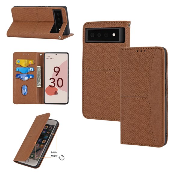 Slim Wallet Folio Flip Case for Google Pixel 7 Pro, TECH CIRCLE Magnetic Closure Kickstand Credit Card Holder Shockproof Anti-Dirty Business Style Case with Hand Strap for Google Pixel 7 Pro, Brown