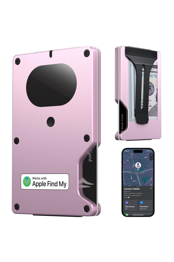 Slim Wallet for Men, Air Wallet Build in Airtag Chip, Smart Wallet Compatible with Apple Find My iOS Only, Minimalist Front Pocket Wallet RFID-Blocking Card Holder with Money Clip (Pink) Y101