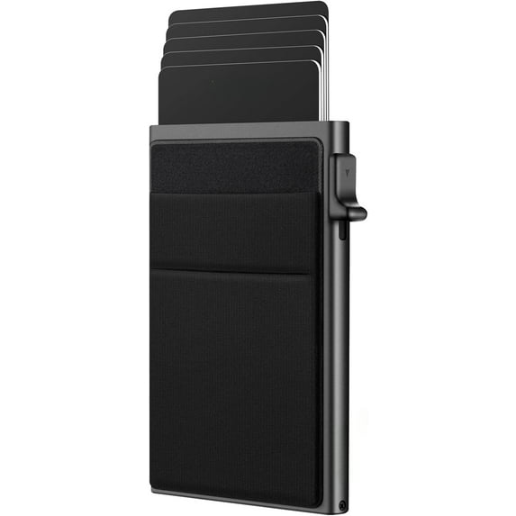 Slim Wallet for Men - Pop up Card Holder RFID Blocking Minimalist Business Credit Card Wallet with Money Pocket Metal Card Case for Notes and Coins and Debit Cards Black