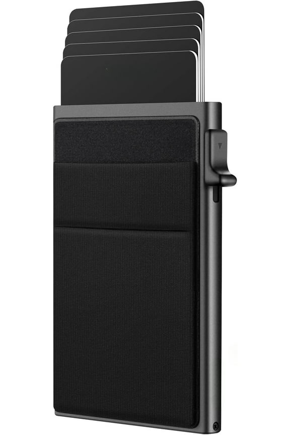 Slim Wallet for Men - Pop up Card Holder RFID Blocking Minimalist Business Credit Card Wallet with Money Pocket Metal Card Case for Notes and Coins and Debit Cards Black