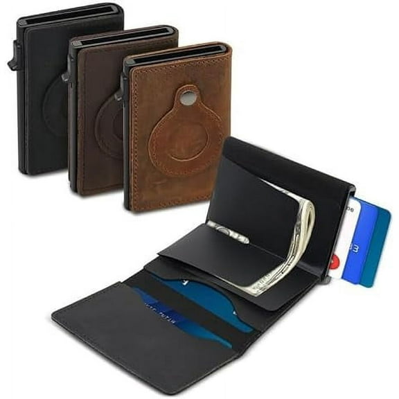 Slim Wallet for Men, Leather Wallet, Compatible with Apple Air Tag, Carbon Fiber Smart Minimalist - 9-14 Card Capacity Cash Slot, Carbon Fiber Black