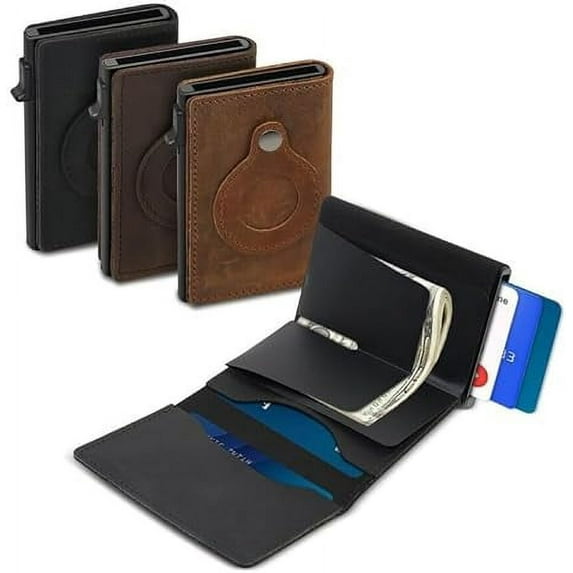 Slim Wallet for Men, Leather Wallet, Compatible with Apple Air Tag, Carbon Fiber Smart Minimalist - 9-14 Card Capacity Cash Slot, Coffee