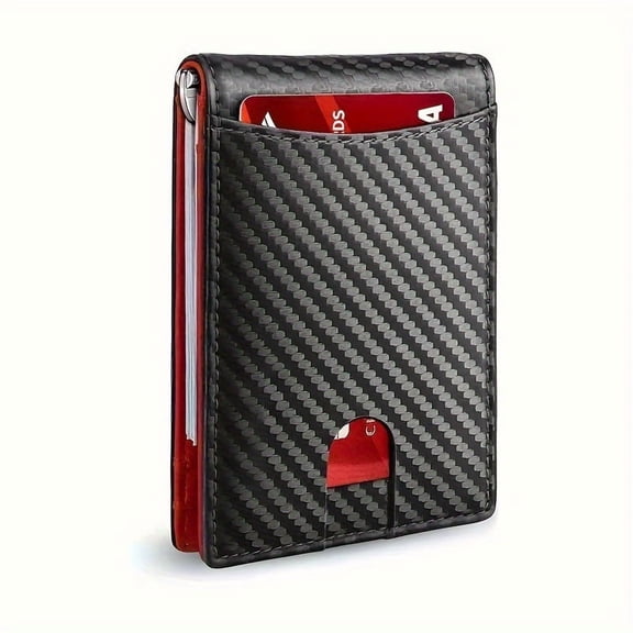 Slim Wallets for Men - Leather Money Clip RFID Blocking Bifold Wallet -（Carbon Black&Red）