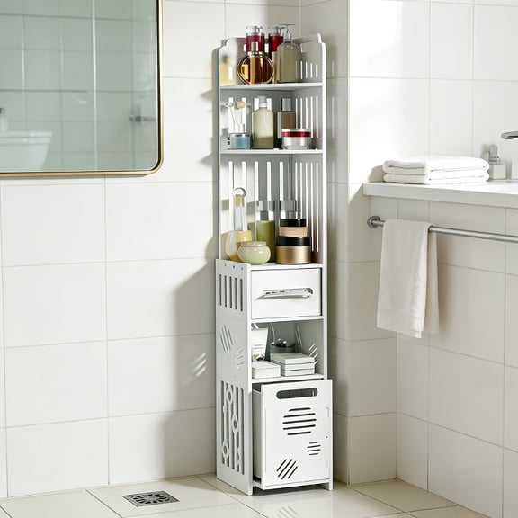 Slim Waterproof PVC Bathroom Cabinet, 5-Tier Narrow Storage Organizer with Tissue Dispenser & Trash Can, Space-Saving for Small Toilet, Living Room, Kitchen & Entryway, Shelves