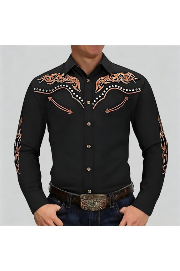 Slim Western Cowboy Shirt Mens Button Down Long Sleeve Shirt Floral Embroidered Turn Down Collar Shirt Casual Spring Fall Black1 XXL