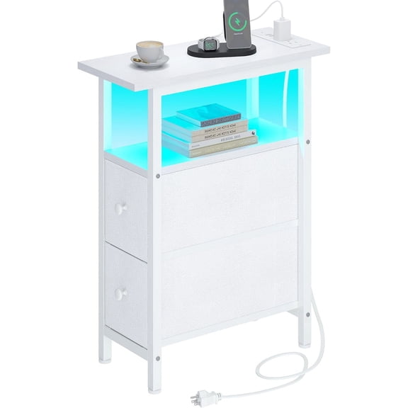 Slim White Modern End Table with 2 Fabric Drawers, Built-in Charging Station (Dual Outlets + USB Ports), and Touch-Control LED Light