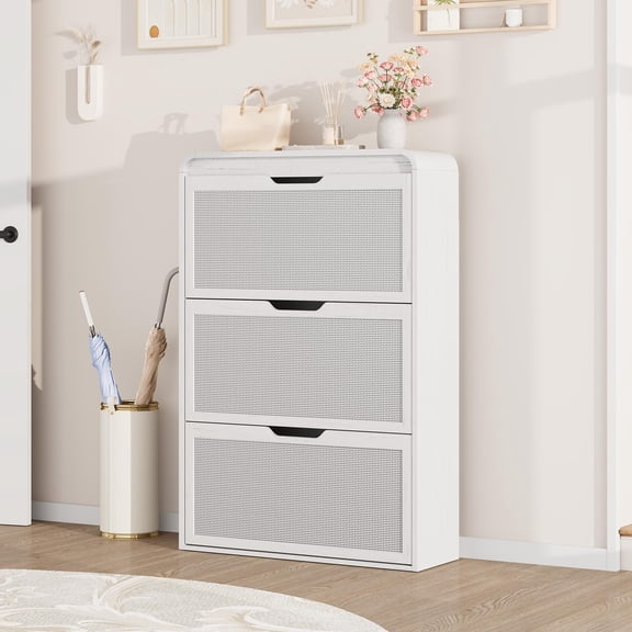 Slim White Rattan Shoe Cabinet for Dining Room – 3 Turn over Drawers – Adjustable Removable Shelves – Modern Boho Style – Space-Saving Storage Organizer – Freestanding – White, 3 Tipping Buckets