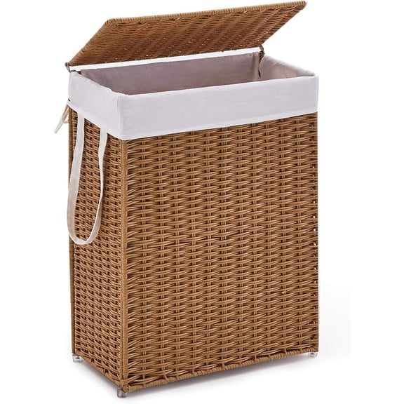 Slim Wicker Hamper with Lid, 55L Handwoven Rattan Basket with Handles, Narrow Design with Removable Liner Bag & 2 Mesh Bags
