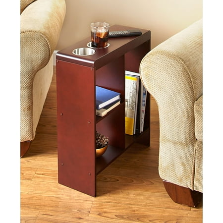 Slim Wood End Table with Drink Holders and Built-in Shelving - Walnut Finish