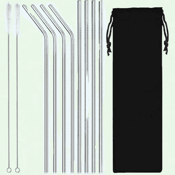 Slim and Slender Reusable Stainless Steel Silver Straw Set - 8 Pieces (4 Bent Straws + 4 Straight Straws) - 6mm Size