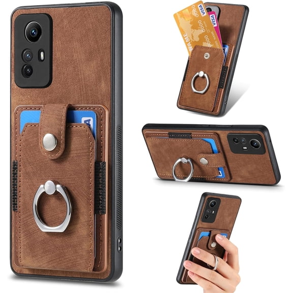 Slim fit Wallet Phone Case for Redmi Note 12S, Portable Ring Design PU Leather Case, Safety Button and Cards Slot Cover for Redmi Note 12S,DK Brown